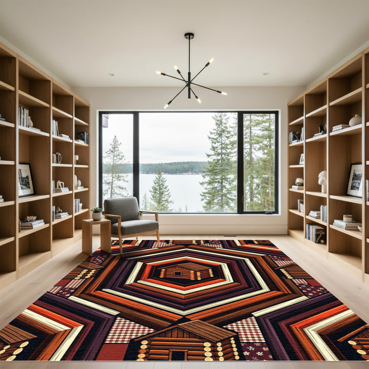 Rustic Log Cabin Hexagonal Quilt Effect Rug