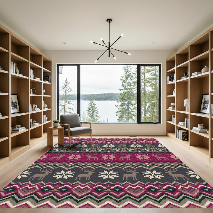 Winter Reindeer Snowflake Geometric Stripe Rug
