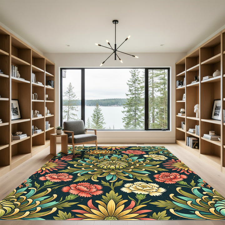 Vibrant Teal Chrysanthemum Floral Art Rug