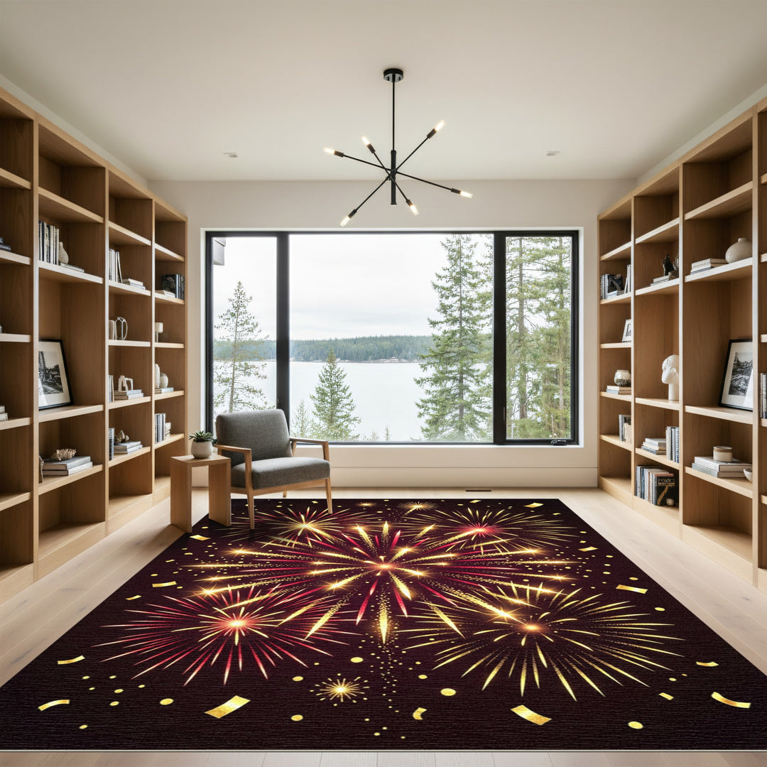 Golden Red Bursting Firework Celebration Rug