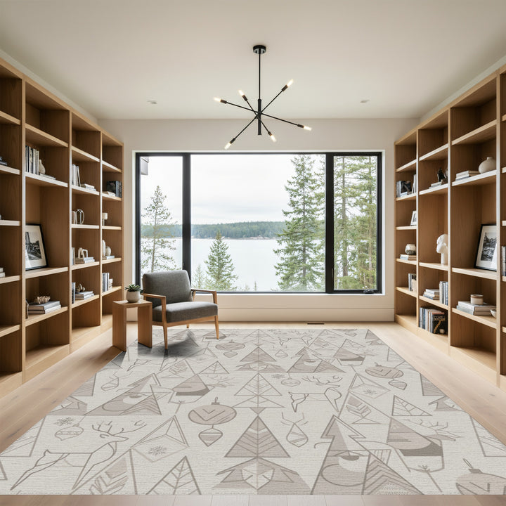 Neutral Geometric Woodland Winter Scene Rug