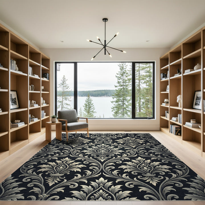 Elegant Ivory Damask Traditional Rug