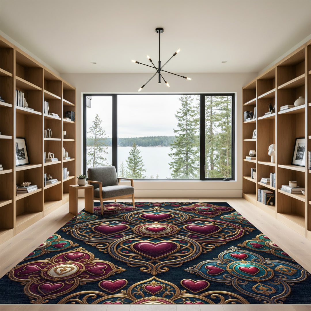 Ornate Heart Mandala Teal Gold Rug