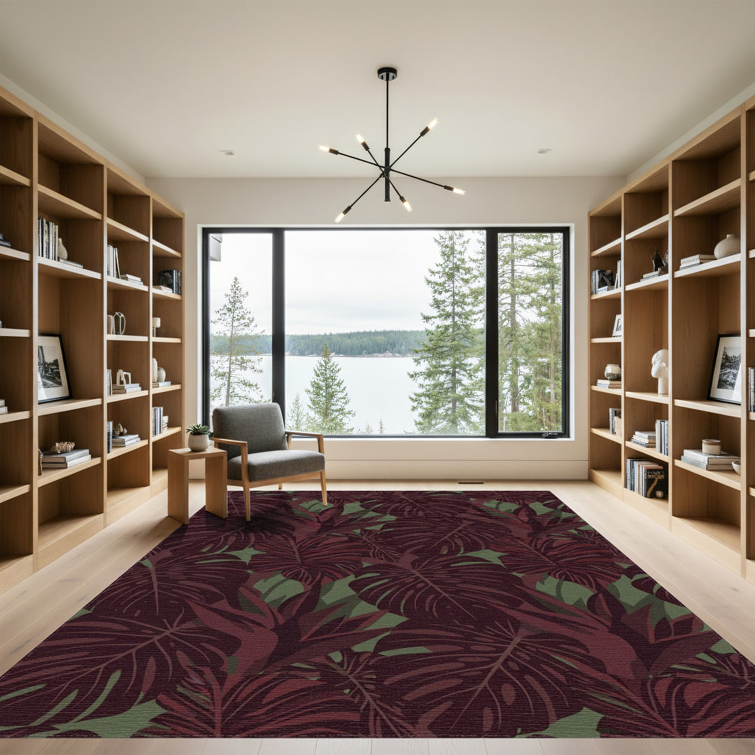 Deep Red Tropical Monstera Leaf Collage Rug