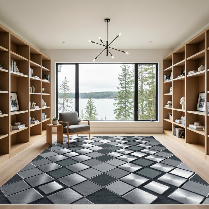Modern Silver Diamond Grid Rug
