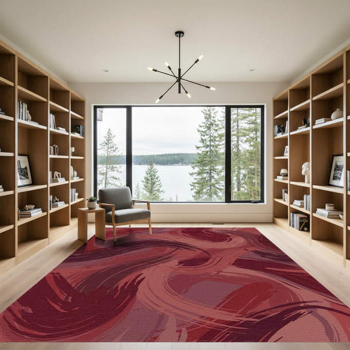 Crimson Swirl Abstract Brushstroke Rug