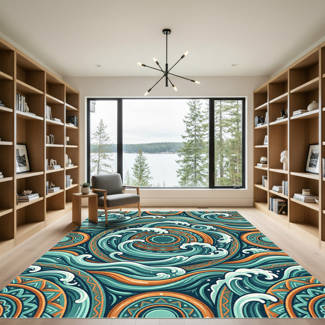 Dynamic Teal Orange Ocean Waves Rug
