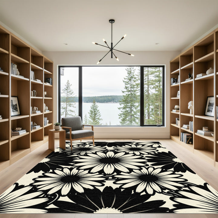 Bold Black White Daisy Garden Rug