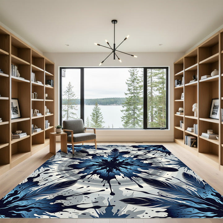 Deep Blue Feather Splatter Abstraction Rug