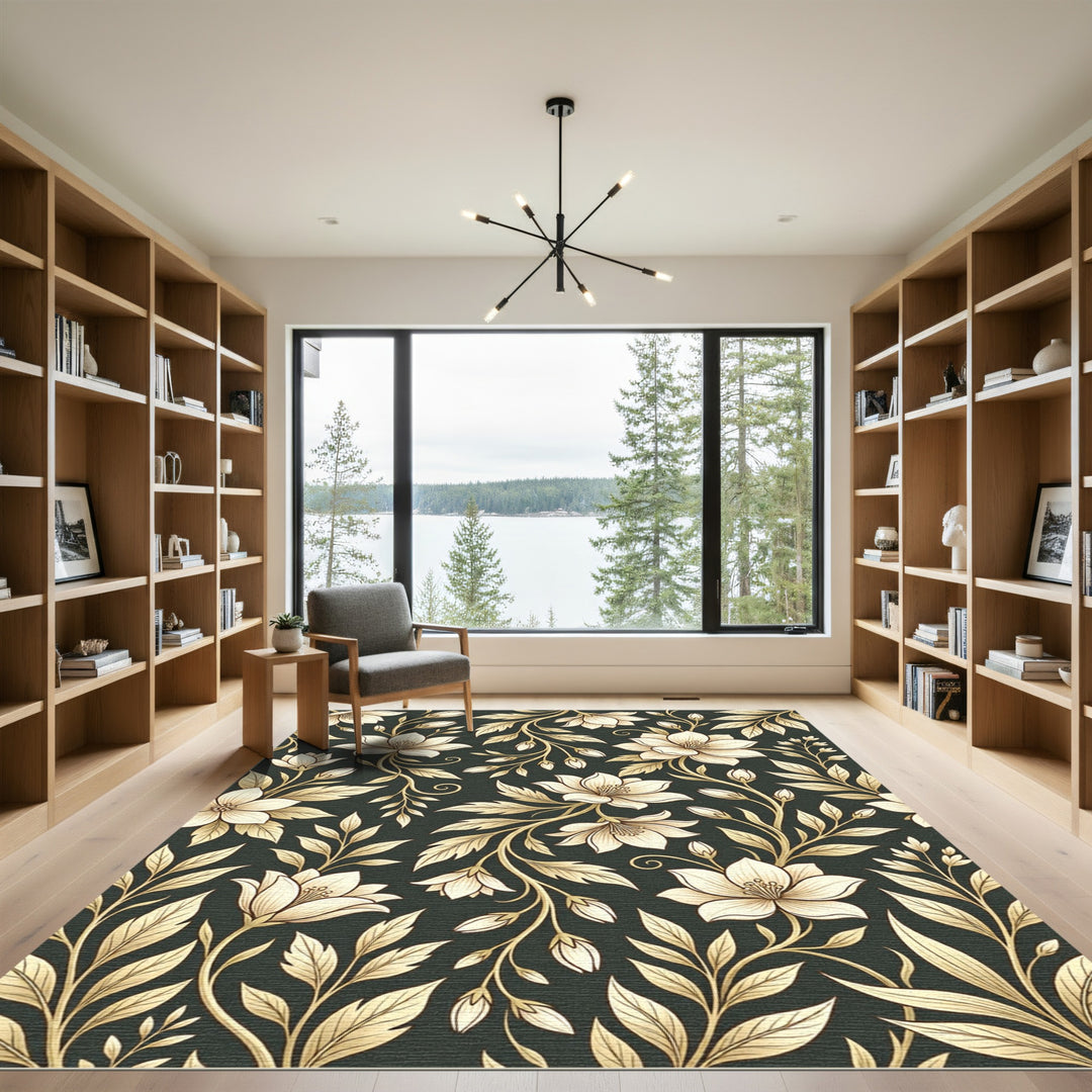 Golden Blossom Botanical Dark Area Rug