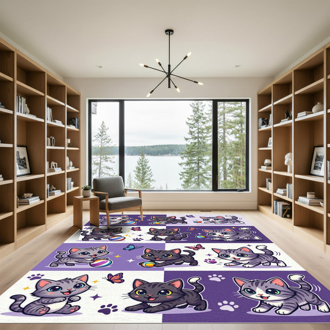 Playful Kittens Butterflies Purple Checkerboard Rug