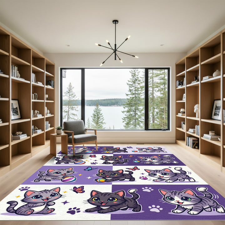 Playful Kittens Butterflies Purple Checkerboard Rug