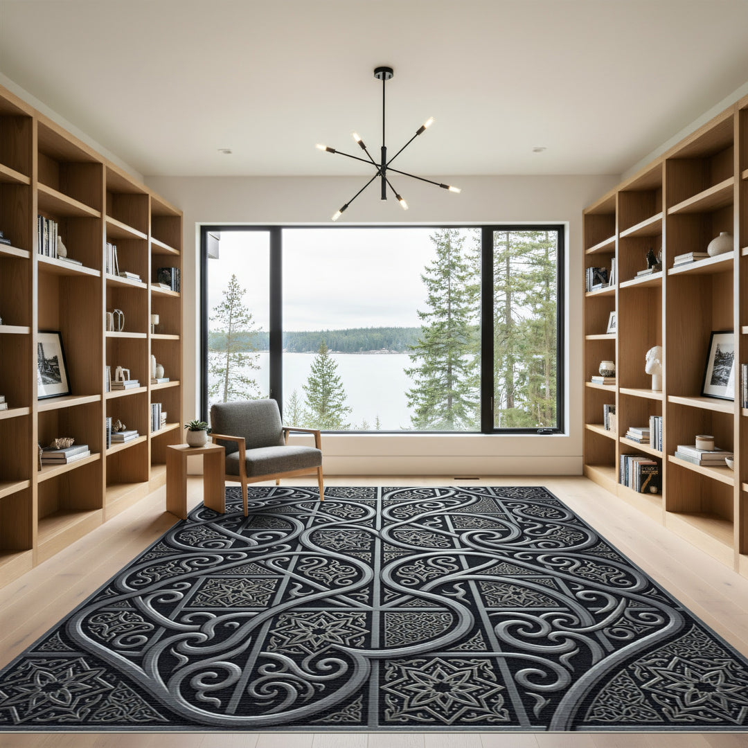 Metallic Silver Ornate Intertwined Geometric Rug