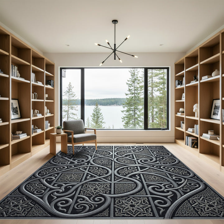 Metallic Silver Ornate Intertwined Geometric Rug