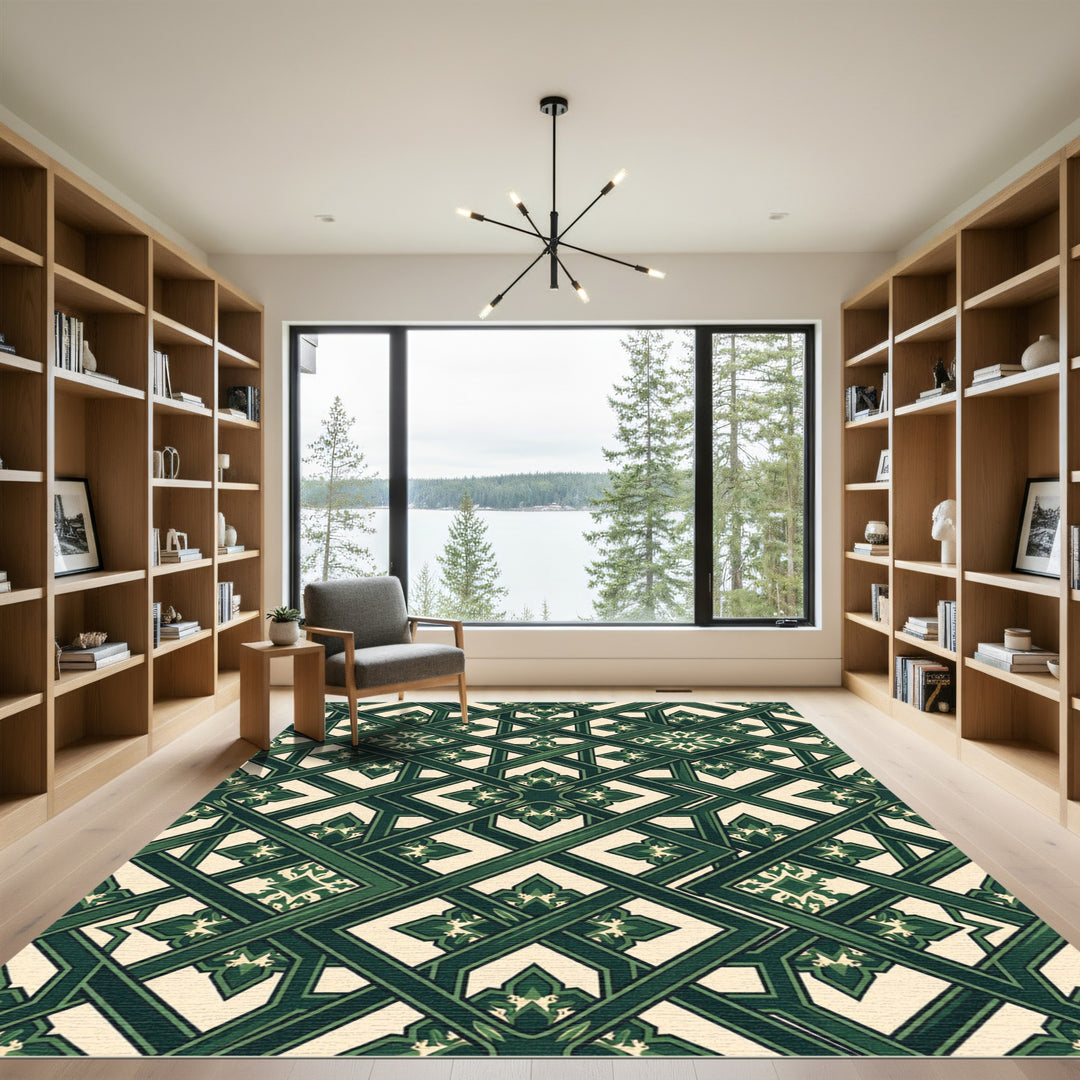 Emerald Green Interlocking Geometric Medallion Rug