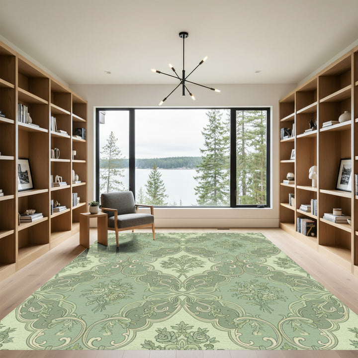 Sage Green Floral Rococo Arch Rug