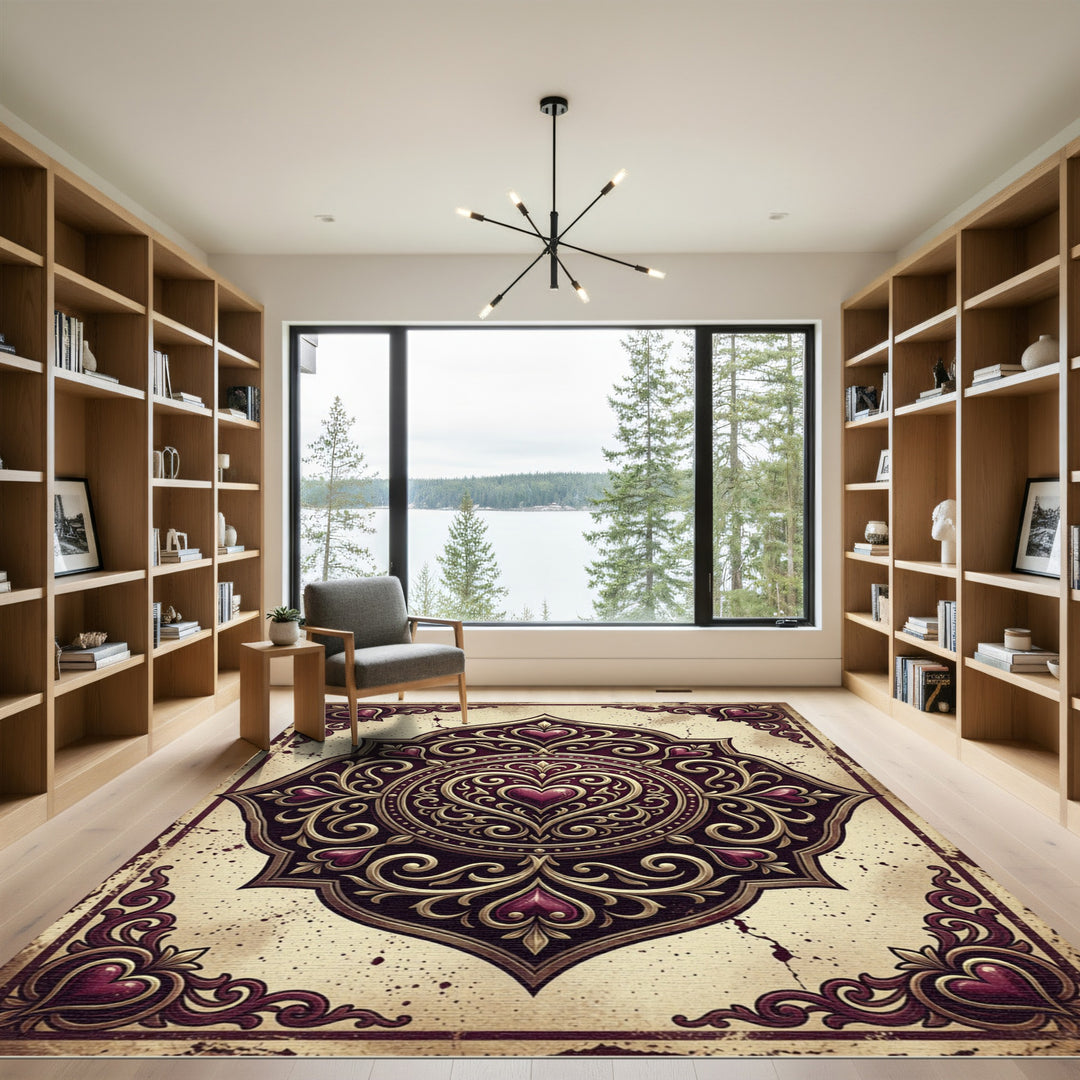 Ornate Heart Medallion Burgundy Gold Rug