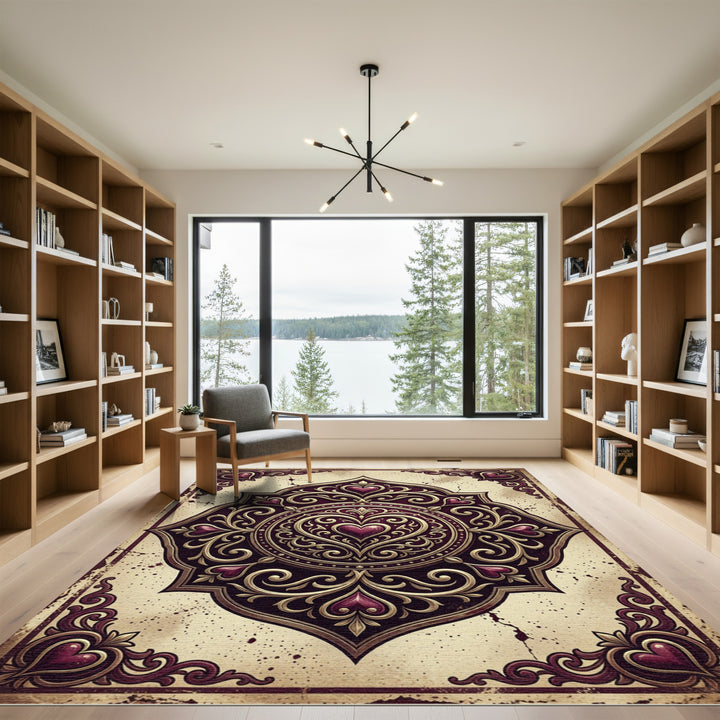 Ornate Heart Medallion Burgundy Gold Rug
