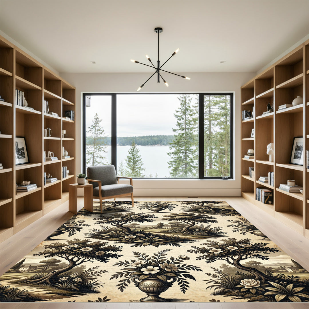 Antique Sepia Floral Landscape Toile Rug