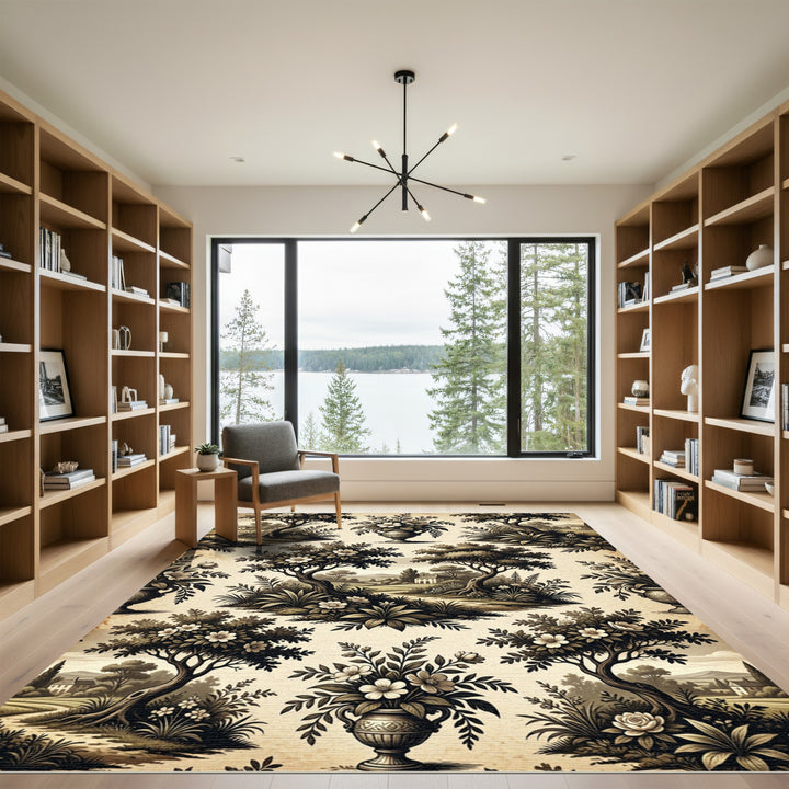 Antique Sepia Floral Landscape Toile Rug
