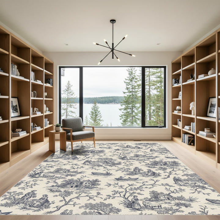 Navy Blue Toile Scene Classic Narrative Rug