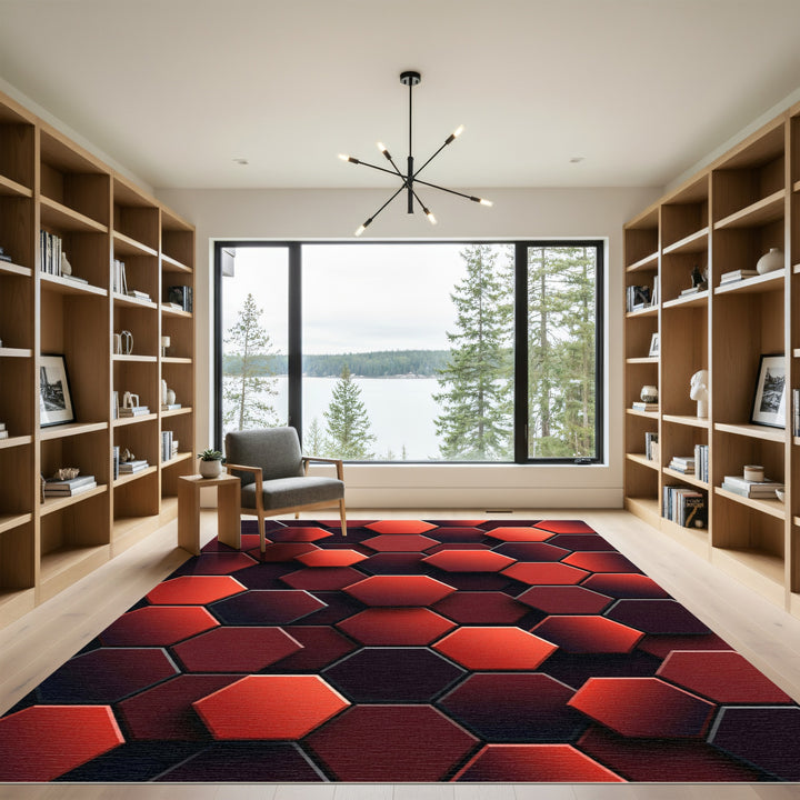Crimson Red Hexagon Geometric Art Rug
