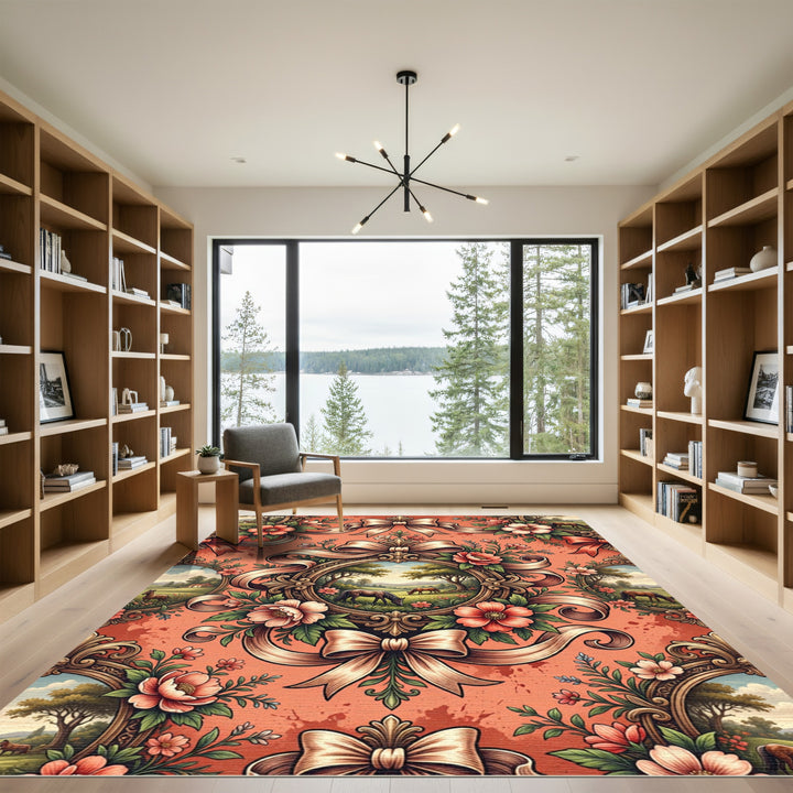 Coral Ribbon Floral Landscape Carousel Rug