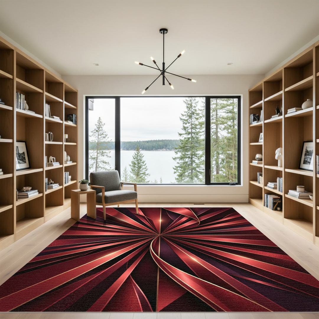 Radiant Crimson Sunburst Geometric Rug