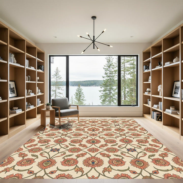 Coral Red Floral Vine Lattice Rug