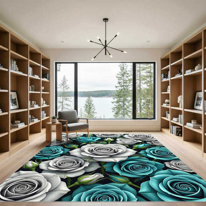 Teal And White Rose Garden Accent Rug