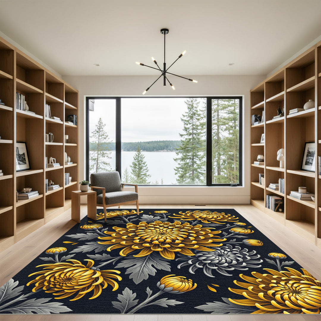 Golden Chrysanthemum Floral Art Rug