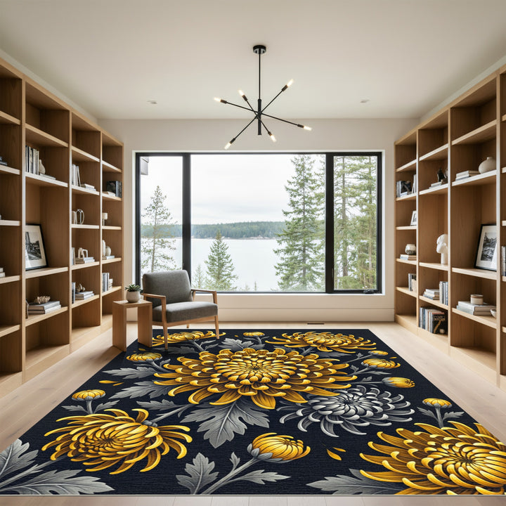 Golden Chrysanthemum Floral Art Rug