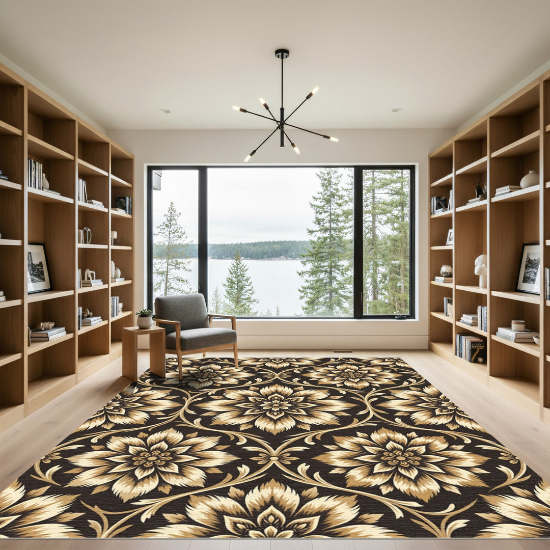 Ornate Gold Floral Damask Rug
