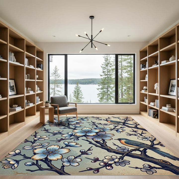 Blue Blossom Bird Branch Composition Rug