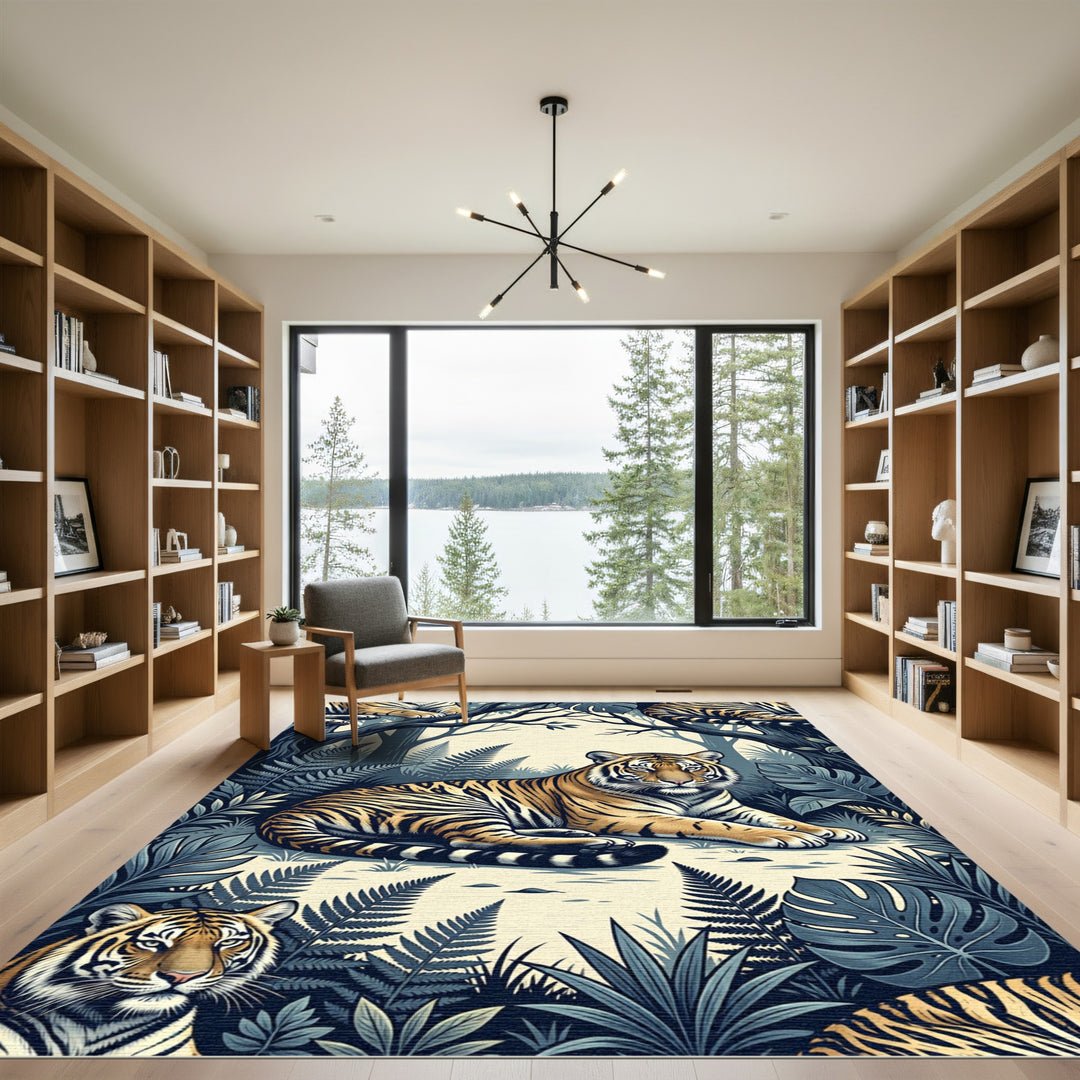 Vibrant Tiger Jungle Lush Foliage Rug