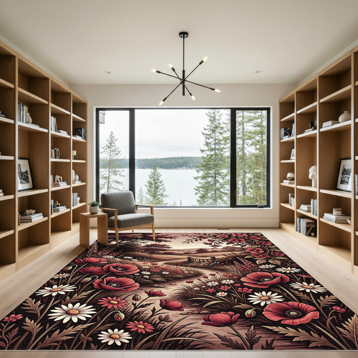 Romantic Red Poppy Meadow Landscape Rug