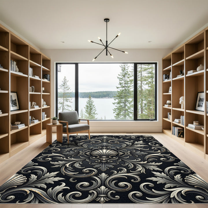 Ornate Silver Scrollwork Damask Rug