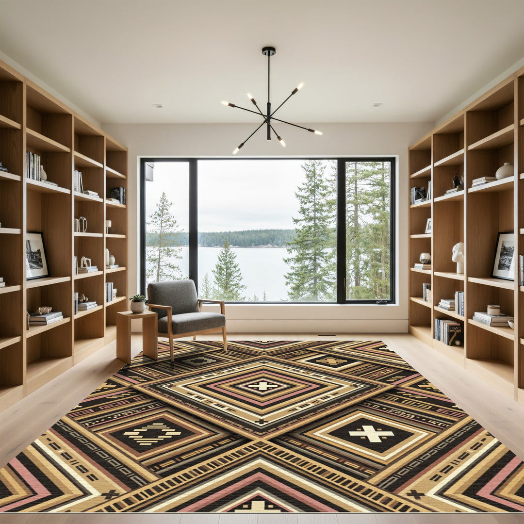 Geometric Gold Ivory Pink Diamond Rug