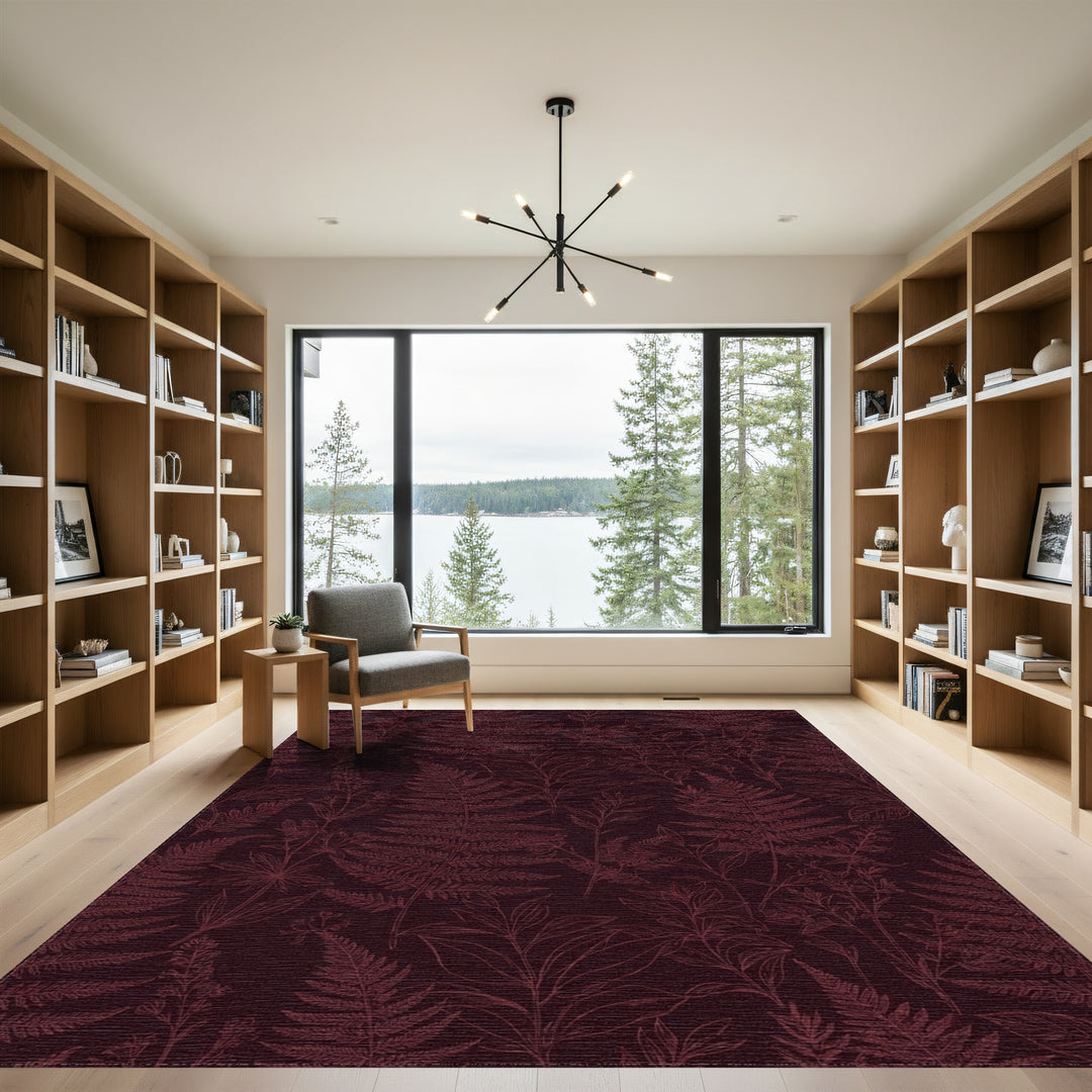 Deep Burgundy Fern Botanical Line Art Rug
