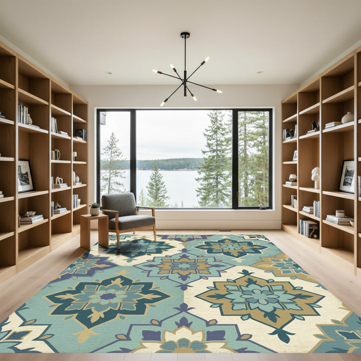 Teal Blue Gold Floral Lattice Rug
