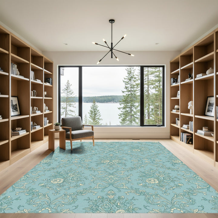 Aqua Floral Arrangement Vintage Scroll Rug