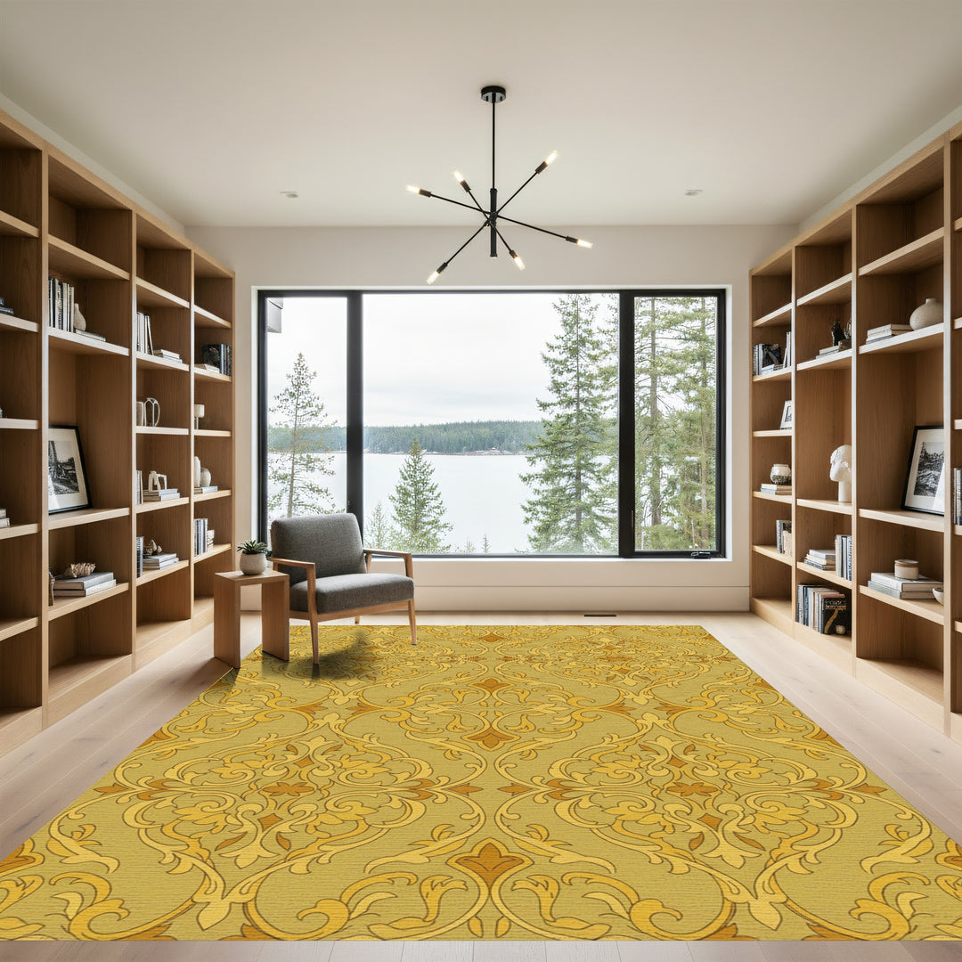 Golden Ochre Scrollwork Baroque Rug