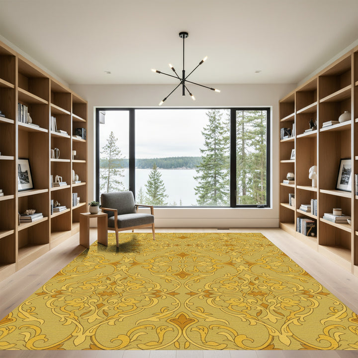 Golden Ochre Scrollwork Baroque Rug