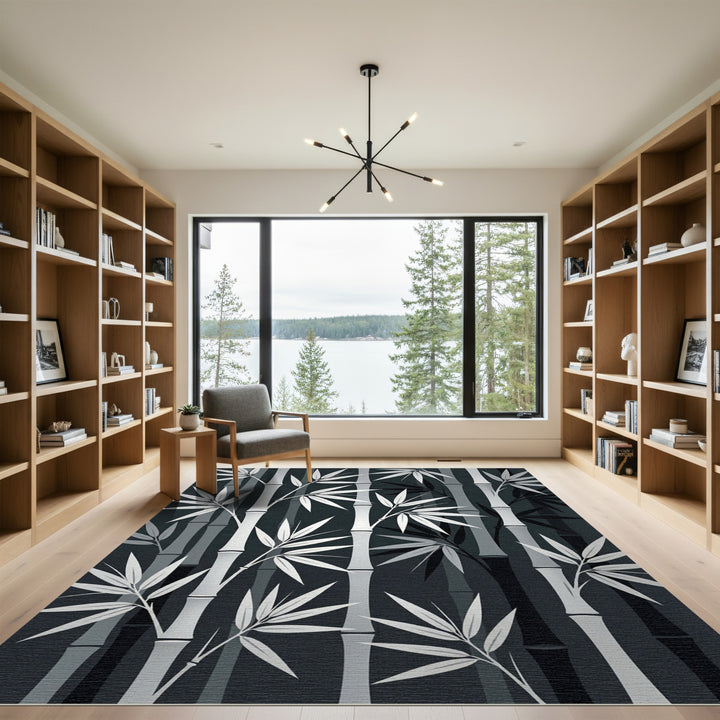 Monochromatic Bamboo Foliage Branches Rug