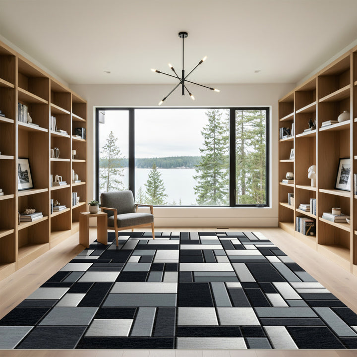 Abstract Mondrian Black White Geometric Rug