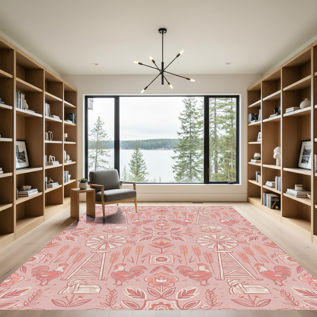 Farmhouse Pink Rooster Windmill Floral Rug