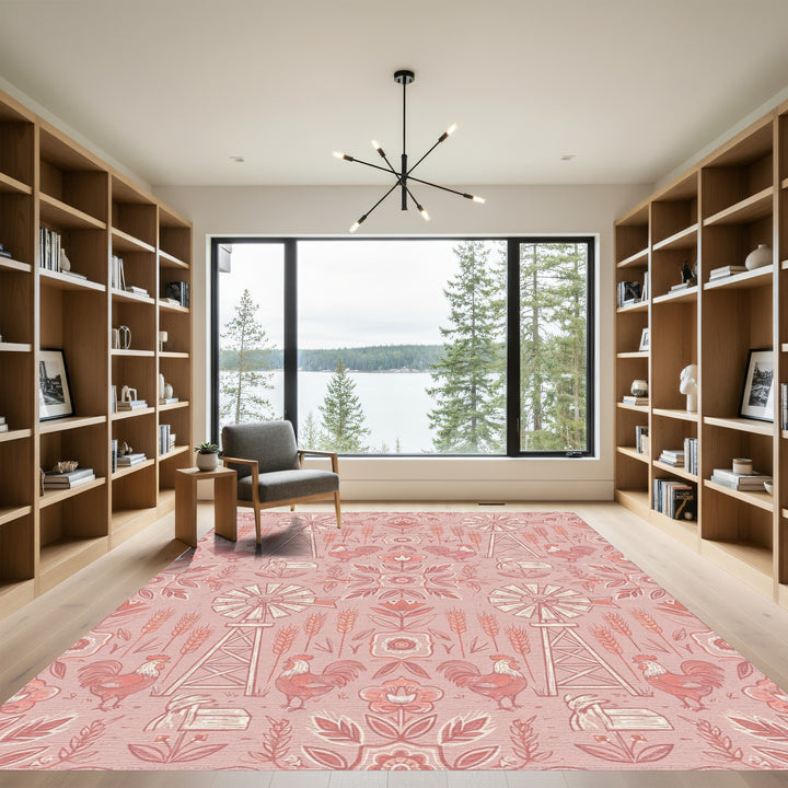 Farmhouse Pink Rooster Windmill Floral Rug