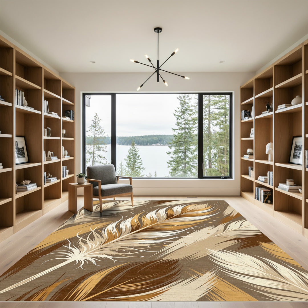 Earthy Golden Feathers Abstract Rug