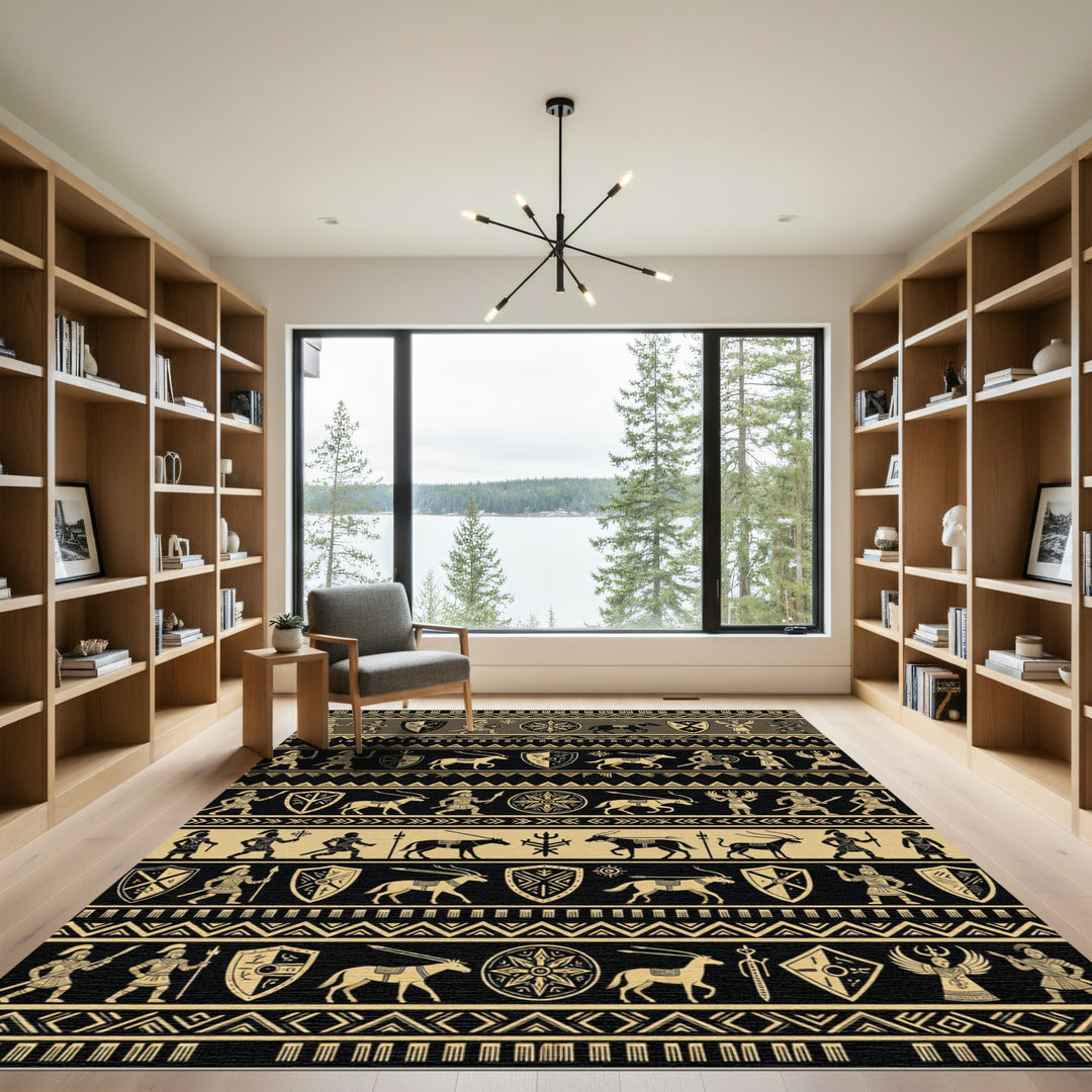 Ancient Warriors and Animals Black Gold Rug