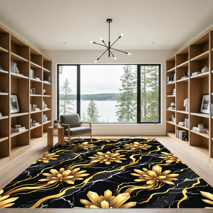 Golden Crystal Burst Marble Waves Rug
